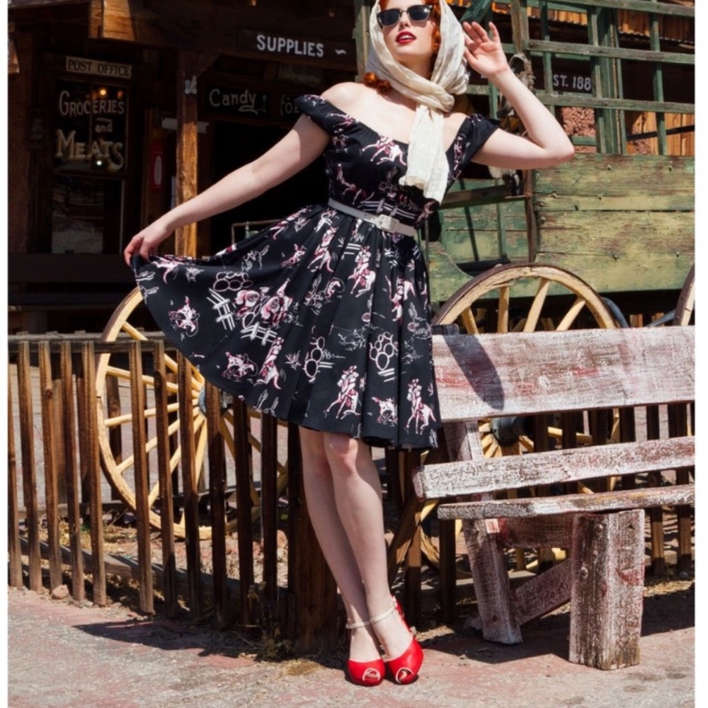 Pinup Couture peasant cowboy print dress- M